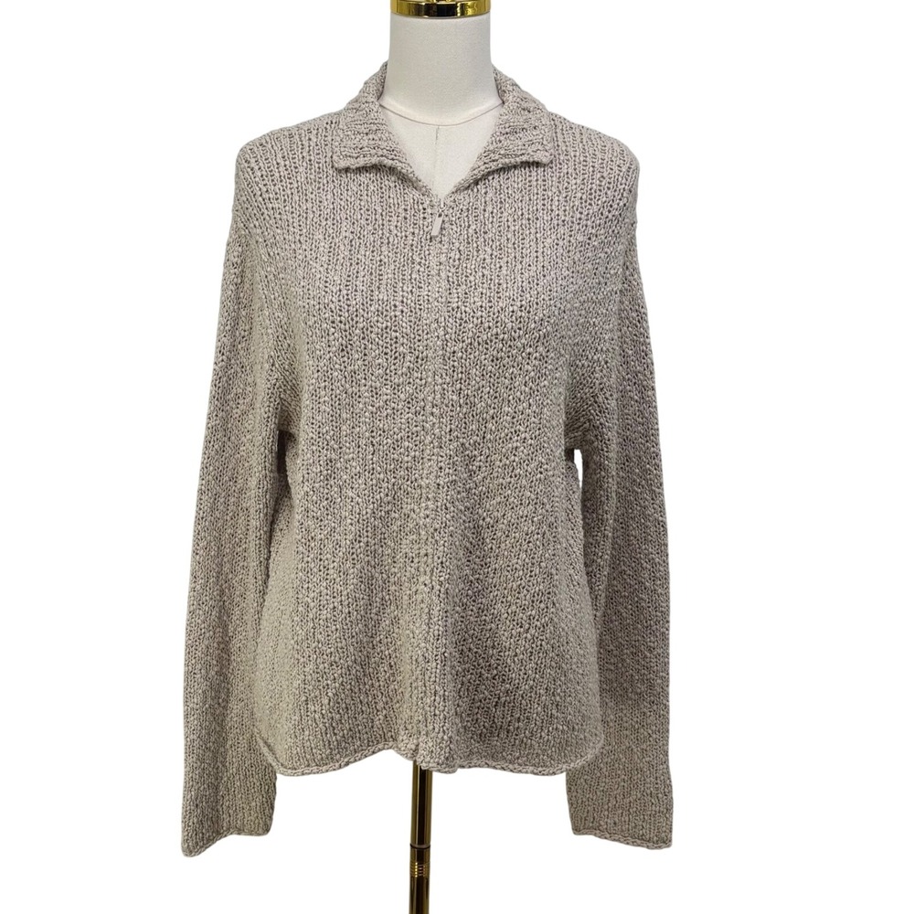 Eileen Fisher Beige Cotton Silk Full Zip Polo Collar Sweater L Elevated Basics